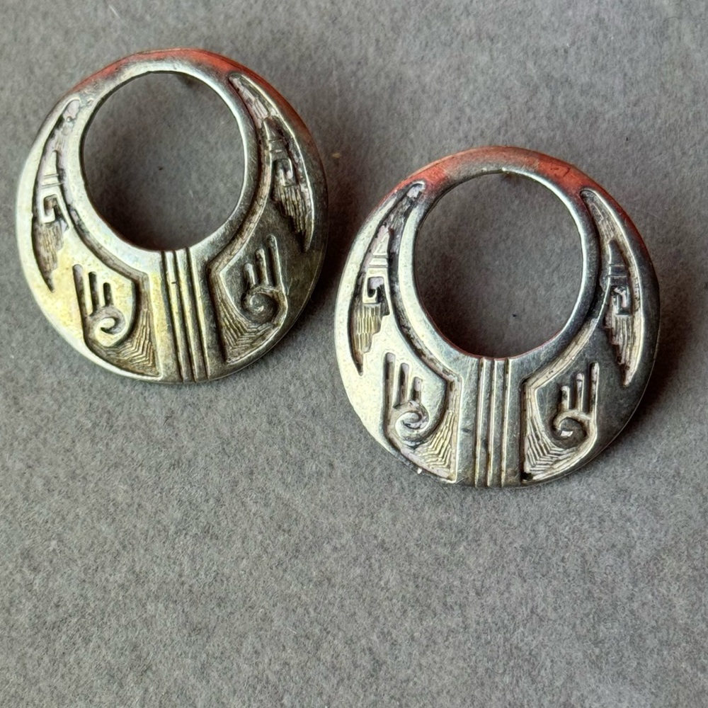 Estate Sale Jewelry silver native print embroidered earrings